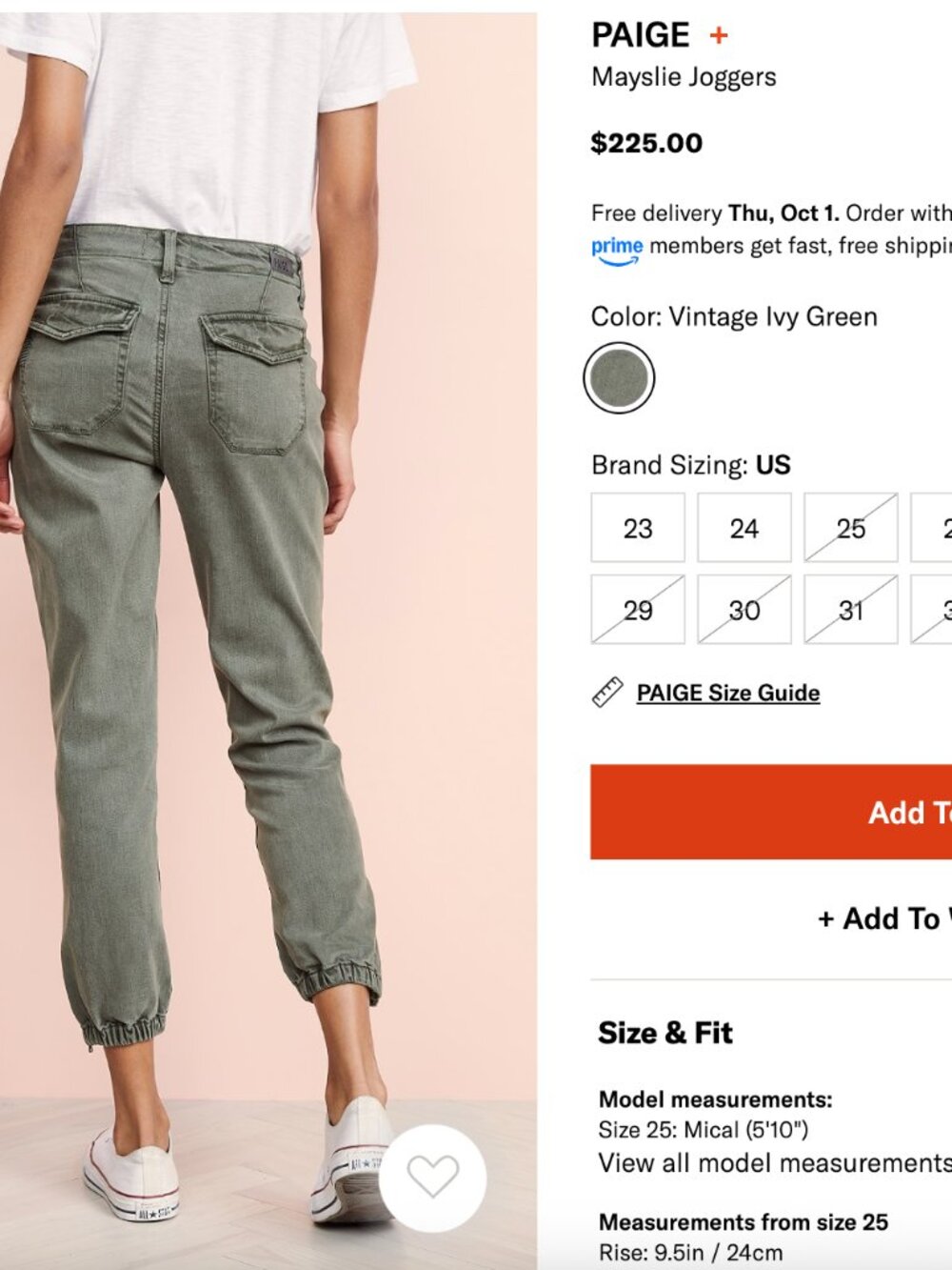 PAIGE Mayslie Jogger Pants Olive Army Green Size 29 ($225 Current Retail)